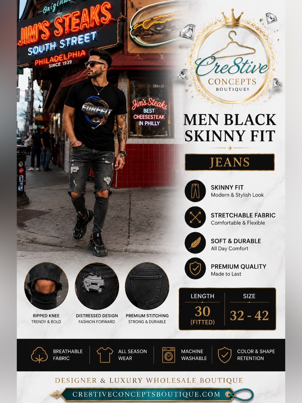“Men’s Black Distressed Skinny Fit Jeans | Stretch Denim | Boutique Streetwear”